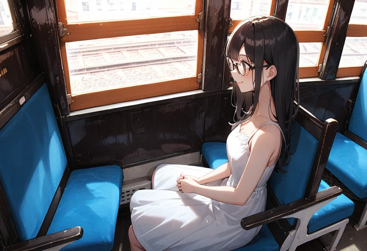 masterpiece, best quality, very aesthetic, absurdres,
1girl, solo, glasses, black hair, long hair, sundress, white dress, straw hat, bag, sitting, smile, looking at another, solo focus, from side,
oha35w, train interior, scenery, chair, sunlight, window, day, indoors,
<lora:oha35w_SDXL_V2:0.8>