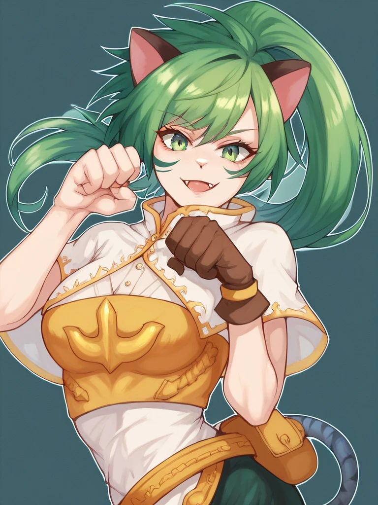 <lora:felis:1>, score_9, score_8_up, score_7_up, solo,  ponytail, green eyes, gloves, capelet, belt, fang,  naughty face,  
upper body,  belly, from front, breast, looking at viewer, paw pose