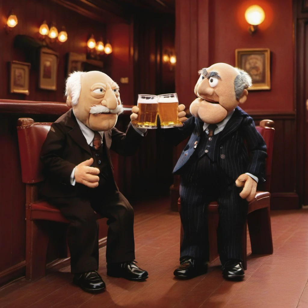 full body portrait of 2boys, facial hair, in a suit, having a beer in a pub  <lora:StatlerWaldorf1024-000120:0.9>