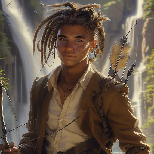 scar, outdoors, male focus, solo, white shirt, dark skin, earrings, backpack, freckles, gloves, 1boy, blue eyes, shirt, holding weapon, handsome, braid, arrow (projectile), jacket, jewelry, looking at viewer, waterfall, dreadlocks