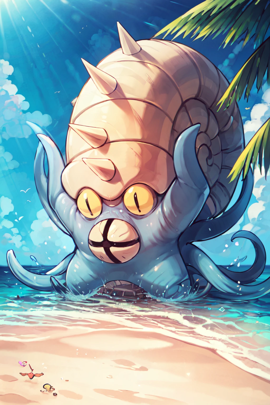 ((masterpiece,best quality)), absurdres,   <lora:OmastarPokemon:0.8>,   zzOmastar, looking at viewer, sitting, beach, sand, tropical plants, (tropical drink:1), no humans,