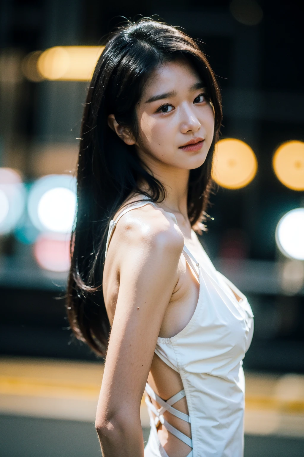 Best quality, masterpiece, ultra high res, (photorealistic), raw photo,1girl, skinny, upper body,solo, realistic, looking at viewer, long hair, bokeh background, city streets, mini dress,  <lora:makina69_seoyeji_v1.0:1>