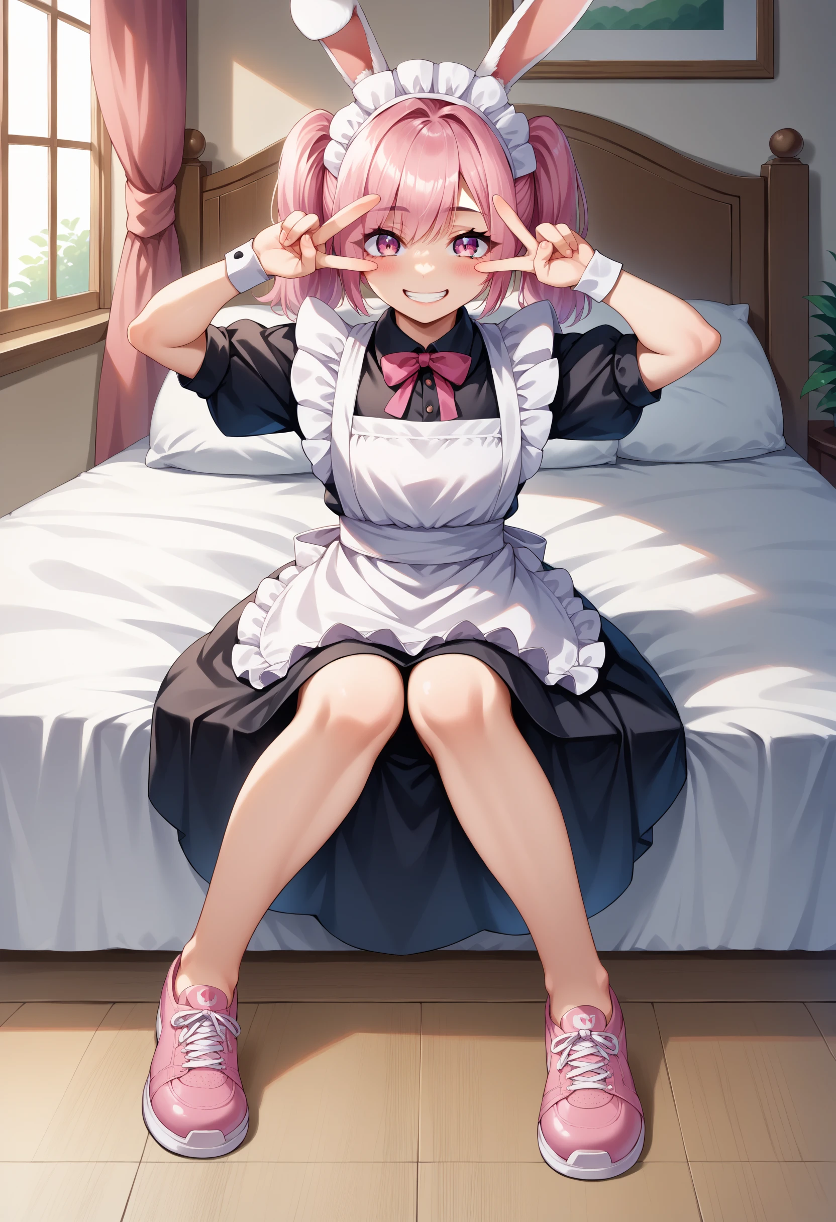 score_9, score_8_up,score_7_up, source_anime, 1girl, solo,
bivgtsav, hands on own face,
<lora:VctryVsgDbl_pdxl_EliPot:1> 
 pink footwear,rabbit girl,sitting,smile,maid apron,sidelocks,eyes visible through hair,apron,teeth,rabbit ears,short hair,pink eyes,shoes,female focus,full body,blush,pink hair,wariza,maid headdress,twintails,sneakers, on bed, indoors,