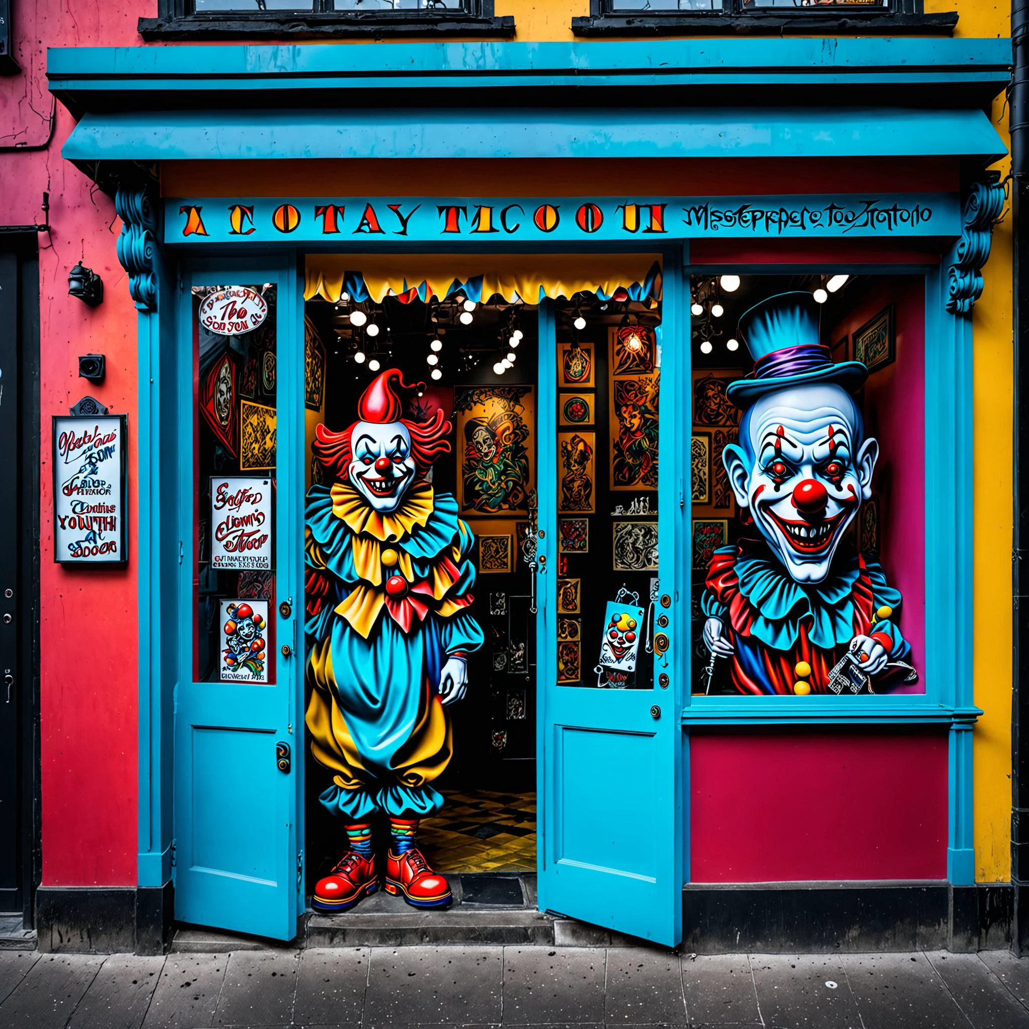 storefront,<lora:storefront-000020:0.8>,best qualtiy,masterpiece,cyberpunk tattoo shop,tattoo design,trend of youth,there's a clown statue at the door,