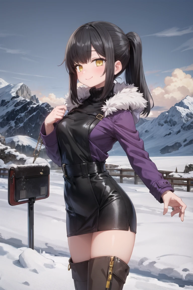 (masterpiece, best quality, beautiful and aesthetic:1.2), 1girl, solo,(soft skin:1.1),standing, cowboy shot,(detailed background), outside, snowstorm in the ice mountains, at dawn, winter clothes, (long overall coat:1.3), turtleneck sweater, (miniskirt:1.3), (long fur leggings:1.3),  (long leather boots:1.3), charming pose, seductive, smiling, yellow eyes, black hair, pony tail, 
<lora:sumiyao-10:0.7:lbw=ALL>