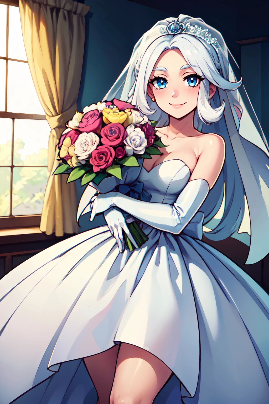 ((masterpiece,best quality)), absurdres,  BREAK,, <lora:Melony_Pokemon:0.8>, melony (pokemon), blue eyes, white hair, long hair,  , BREAK, bride, wedding dress, bridal veil, strapless dress, elbow gloves, holding bouquet,, BREAK, solo, smile, looking at viewer, cowboy shot,