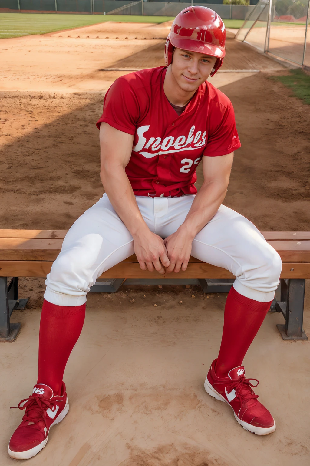 outdoors, baseball field, (in baseball dugout), dirt floor, (sitting on wooden bench), chainlink fence wall, NathanStyles is a baseballplayer, slight smile, baseball uniform, (red helmet), red jersey, white pants, (red socks), long socks, (black sneakers), looking at viewer, masterpiece, ((full body portrait))   <lora:Clothing - Sexy Baseball Player:0.6>  <lora:NathanStyles:0.8>