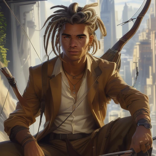 white shirt, watch, freckles, dreadlocks, holding, handsome, male focus, jacket, blue eyes, looking at viewer, scar, solo, quiver, dark-skinned male, aiming, drawing bow, holding weapon, sitting, dark skin, necklace, braid, stubble