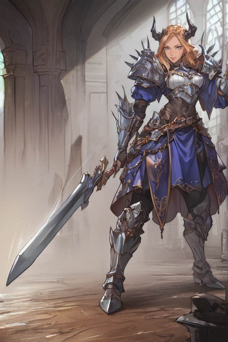 score_9, score_8_up, score_7_up, score_6_up, score_5_up, score_4_up, 1girl, warrior, armor, holding sword, holding shield, indoors, fantasy, castle<lora:EMS-416410-EMS:1.000000>