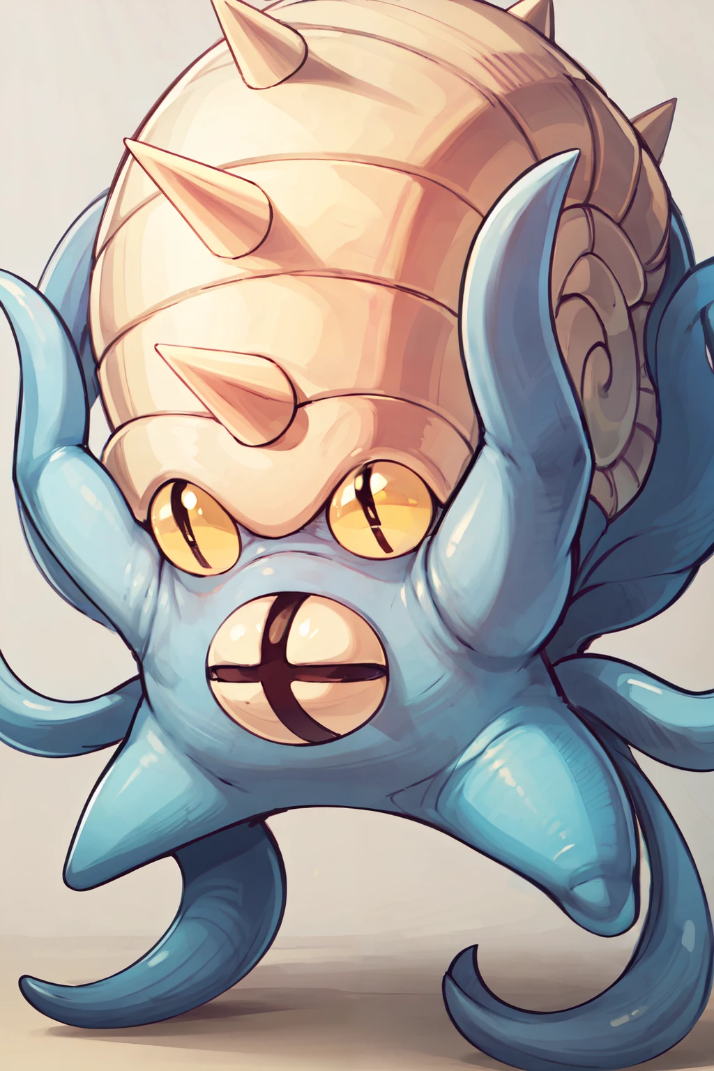 ((masterpiece,best quality)), absurdres,   <lora:OmastarPokemon:0.7>,   zzOmastar, open mouth, simple background, white background, full body, spikes, yellow sclera, cute