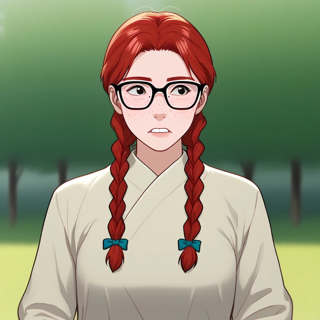 score_8_up, BREAK, 1girl, solo, red hair, twin braids, freckles, buck teeth, glasses,  <lora:NerdyGirlWithBuckTeeth_PXL_Leaf1:1>, outdoors, depth of field,  closed mouth, cowboy shot,  <lora:Manhwa_Style_PXL_Leaf1:1>, manhwa, index raised,