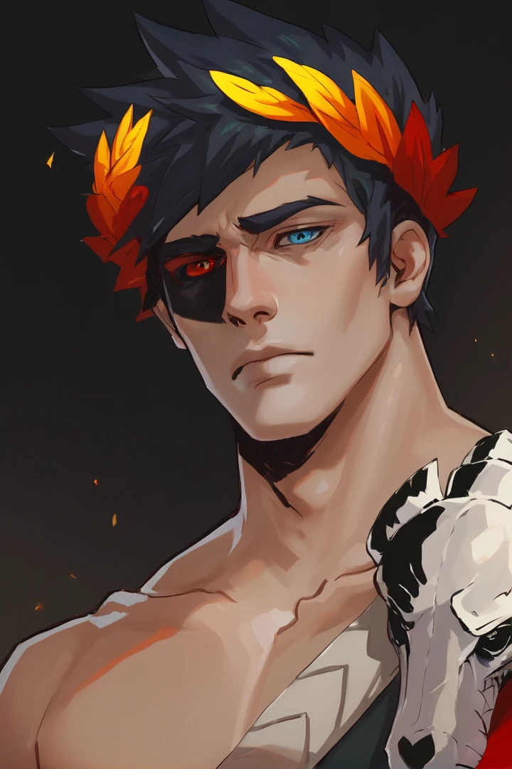 score_9, score_8_up, score_7_up, source_anime, 
zagreus, laurel crown, 1boy, male focus, black hair, colored sclera, skull, heterochromia,  muscular, shirtless, upper body
<lora:detailed_notrigger:1> <lora:Zagreus_-_Hades:1> <lora:Smoothanime:1>