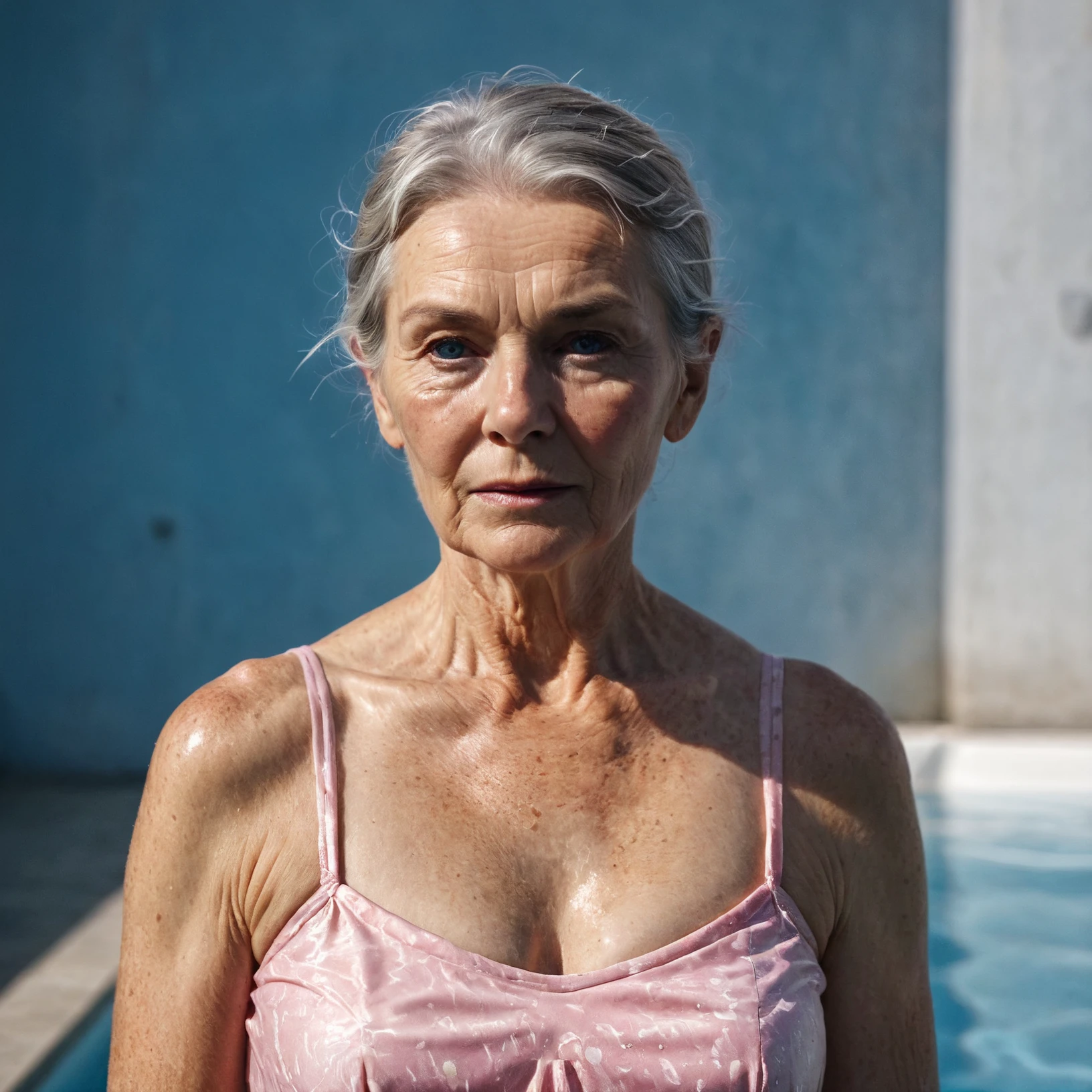 RAW photo, exterior photo, full body shot from the front of a beautiful 70 year old woman, wrinkled face, (pink summer dress), she stands at a brutalism swimming pool in prypjat with high concrete walls with caustics, full sharp, detailed face, blue eyes, (high detailed skin:1.2), 8k uhd, dslr, soft lighting, high quality, film grain, Fujifilm XT <lora:polyhedron_caustics-000006:0.8>
focus on eyes, spotted light on her face, face towards sun, light on face, sun on face, backlit, rim light, focus on eyes, clear eyes, shiny eyes, glittering eyes, light reflections in his eyes, winter white skin, pale skin, dry skin, clear skin, oiled shiny skin, blush, flushed cheeks, visible skin detail, skin pores, imperfect skin, skin blemish, few freckles, skin fuzz, beauty spot, moles <lora:polyhedron_all_sdxl-000004:0.1>