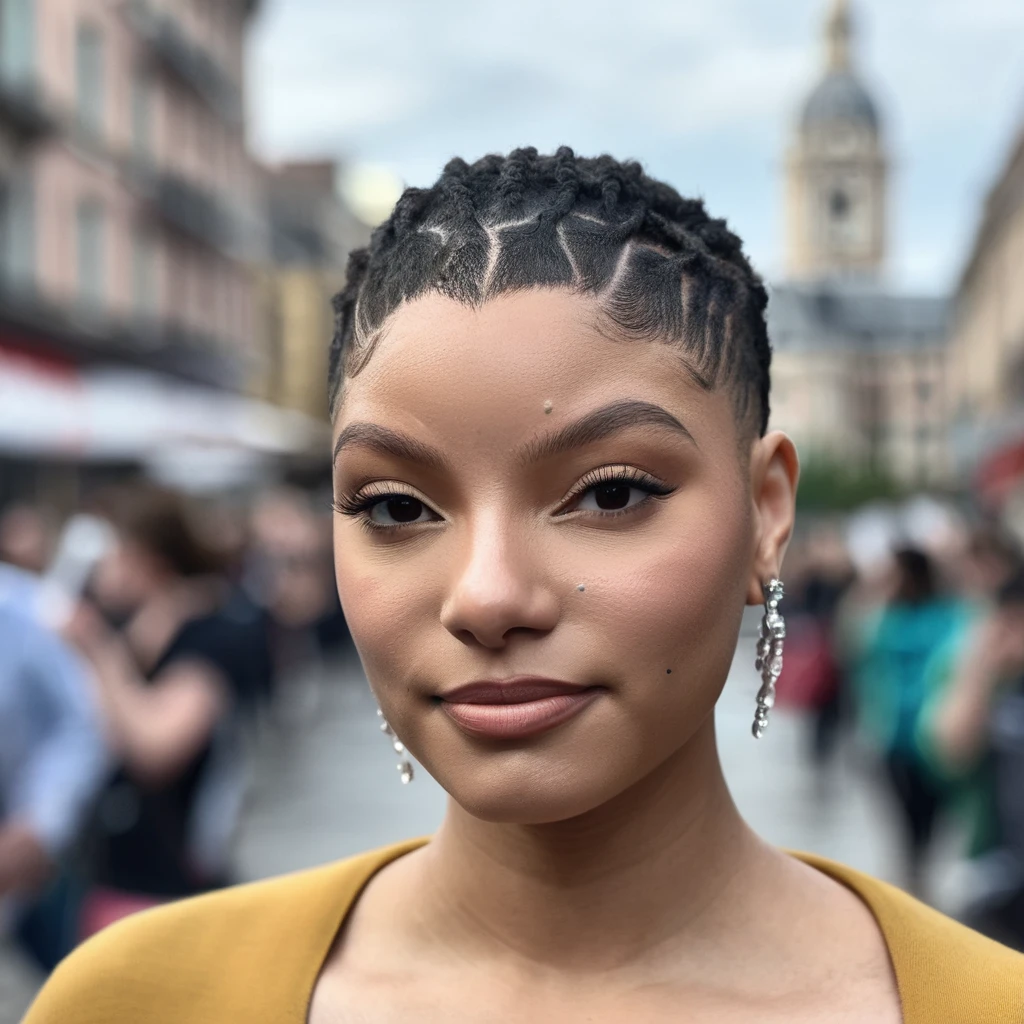 Buzzcut, no hair, bald, (Skin Texture, pores, natural,iPhone,RAW)), natural lighting, Highest Quality closeup Portrait photo of a woman wearing no makeup with a (buzzcut), Nikon Z9, realistic matte skin,  blurry city in the background, 8K,  halxbailey,   <lora:halbailey_juggerX_xl_1_st_woc_merger_50_127_03_07-halxbailey:1>