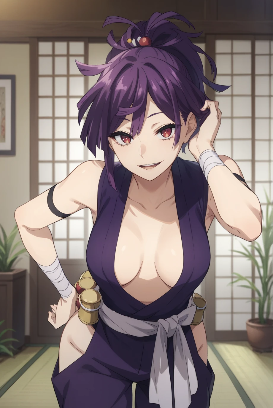 score_9, score_8_up, score_7_up, score_6_up, score_5_up, score_4_up, BREAK source_anime, 1girl, solo,
<lora:YuzurihaXL-v1-06:0.7>, ChopioYuzuriha, purple hair, medium hair, ponytail, hair ornament, red eyes, looking at viewer,
outfit_1, purple shirt, bare shoulders, sleeveless, plunging neckline, no bra, breasts apart, bandaged wrist, wrist guard, arm strap, white sash, bamboo, purple pants, hip vent,
living room, japanese room, sliding doors, standing, seductive smile, parted lips, upper teeth only, hand on hip, leaning forward, adjusting hair, ear,