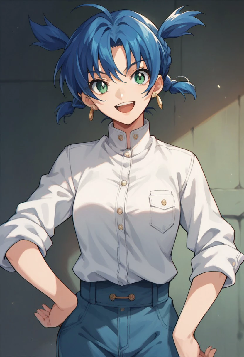 score_9, score_8_up, score_7_up, source_anime,renka ma, blue hair, short hair, twintails, green eyes, 1girl, solo, jewelry, braid, earrings, smile, open mouth, looking at viewer, hand on hip, sleeves rolled up