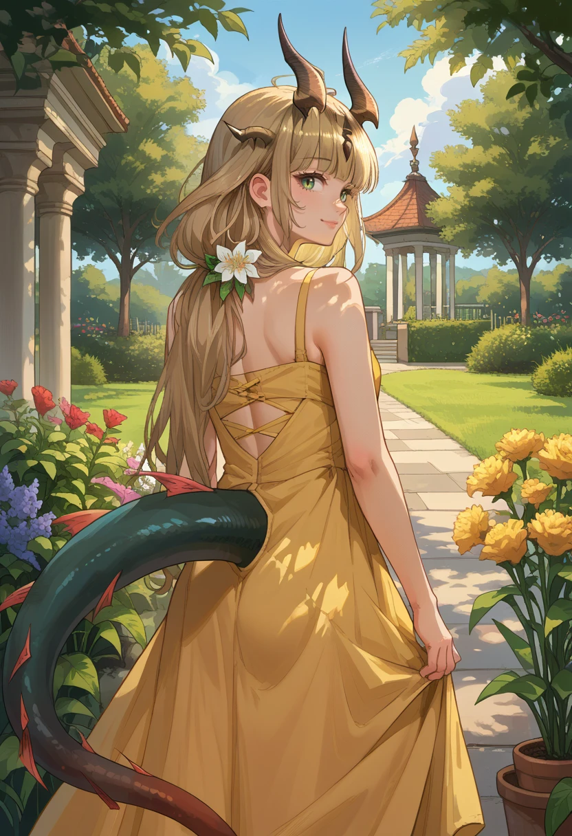 score_9, score_8_up, source_anime, 1girl, solo, ReedTFS, long hair, ponytail, hair flower, hair over shoulder, horns, hair ornament, dragon tail, from behind, yellow sundress, garden, day, sunshine, smile, looking back, <lora:ChamReedTFSPonyXL:1>