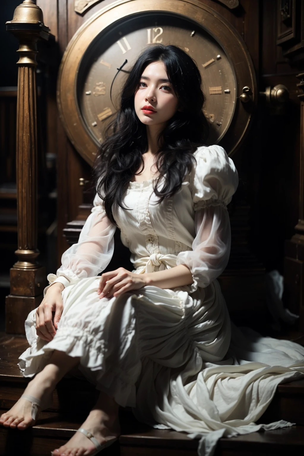 photorealistic,realistic,photography,masterpiece,best quality,ultra-detailed,extremely detailed CG unity 8k wallpaper,(reality: 1.4),1girl,solo,long hair,looking at viewer,black hair,long sleeves,dress,sitting,full body,barefoot,puffy sleeves,white dress,lips,stairs,realistic,clock,red lips,girl clock, <lora:JAY - Girl Clock:0.8>