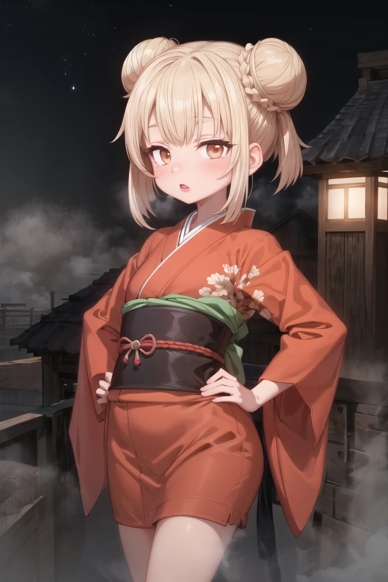 (masterpiece, best quality:1.2), 1girl, solo, cowboy shot,
on top of a building, at night, (heavy fog:1.3) and bright stars,
wearing a kimono,  hands on hips, 
lipstick, eyeshadow, (short hair:1.1), (double bun hair:1.1), (oily skin:1.1), 
<lora:sumiyao-10:0.7:lbw=ALL>