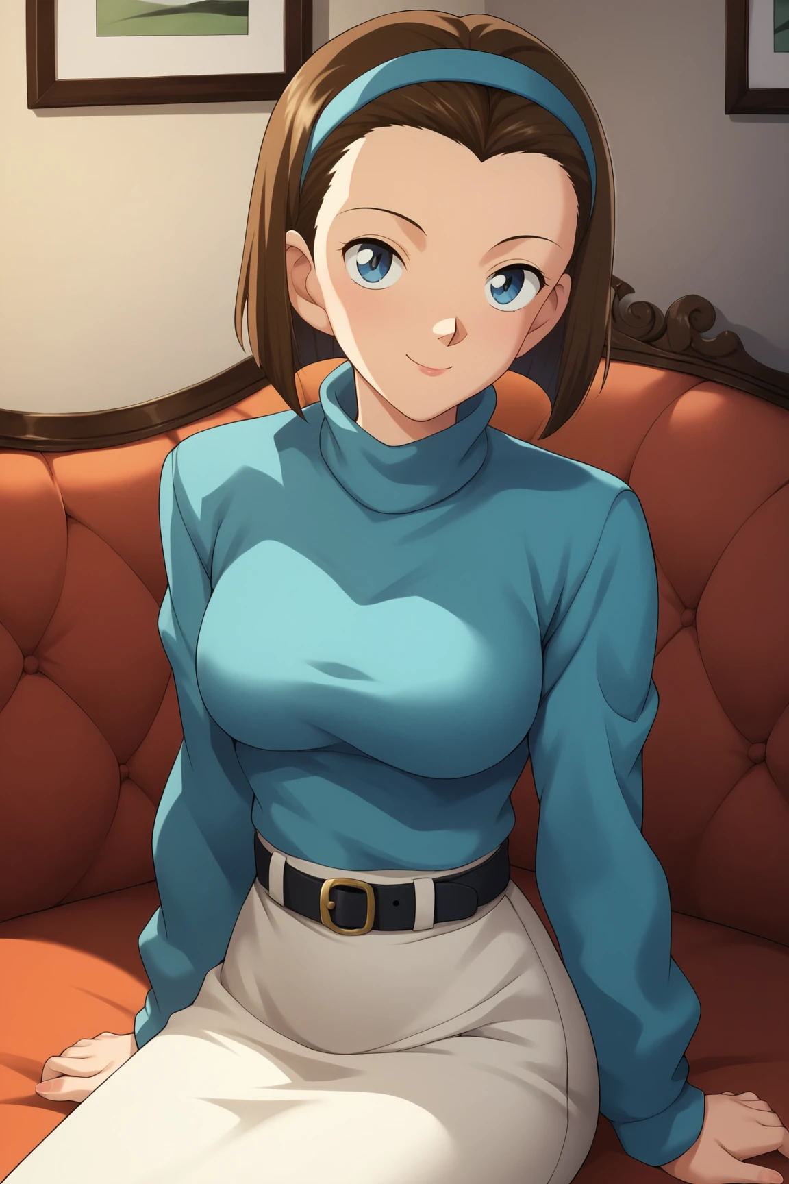 score_9, score_8_up, score_7_up, score_6_up, BREAK, SonokoSuzukiDCXL, 1990s (style), blue eyes, brown hair, short hair, bob cut, forehead, blue hairband, medium breasts, turtleneck, blue sweater, long sleeves, black belt, white skirt, solo, sitting, seductive smile, looking at viewer, indoors  <lora:SonokoSuzukiDCXL:0.8>