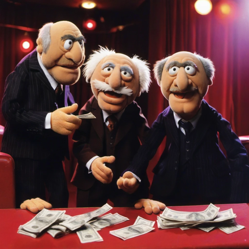 2 old bald muppets and a woman, one with mustache, in a stripclub throwing bills <lora:StatlerWaldorf1024-000120:0.8>