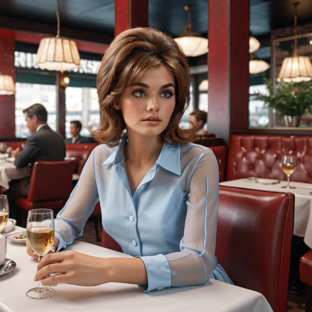 60slora, 1woman, sitting in restaurant,Photorealistic, Ultra-high detail, lifelike textures, realistic lighting, high-resolution