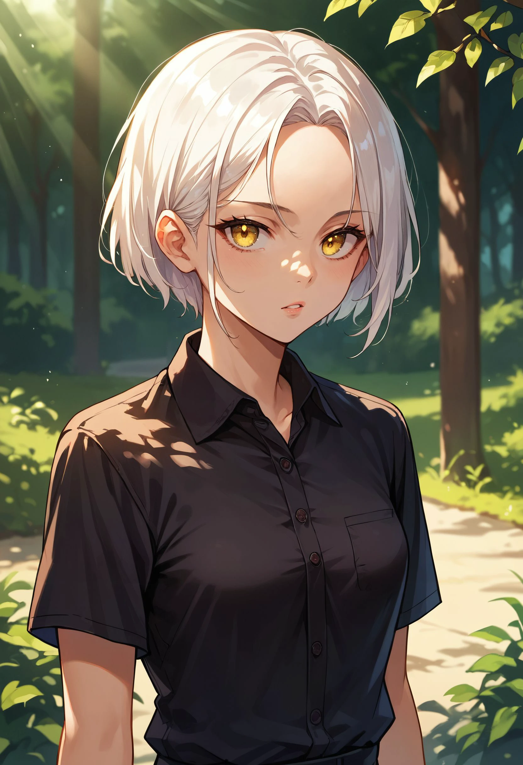 score_9,score_8_up,score_7_up,score_6_up, source_anime<lora:breasts_size_slider_pdxl_goofy:1> 1girl, breasts, dappled sunlight, forehead, white hair, small breasts, short hair, parted lips, outdoors, polo shirt, solo, sunlight, black shirt, yellow eyes