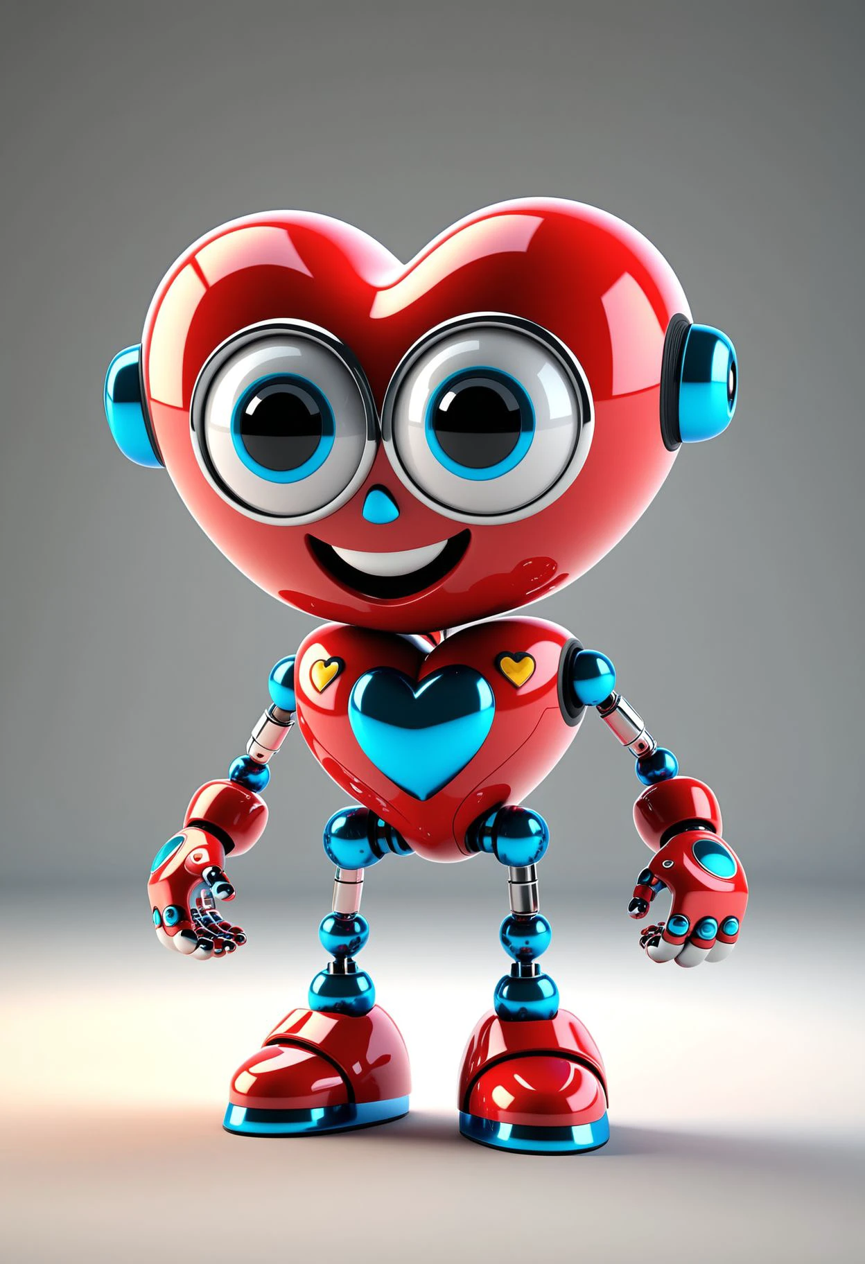 A cute robot with a heart on its chest, standing in a bright, cheerful environment. The robot has big, expressive eyes and a friendly smile, its metallic body is sleek and shiny, reflecting the light. Bright colors, whimsical, playful, futuristic, charming, highly detailed, adorable, small size, friendly demeanor, digital art, high resolution, intricate design, glowing heart, advanced technology, smooth surfaces, vibrant colors, soft lighting, joyful atmosphere, background with colorful shapes, polished metal, high quality, perfect image, enchanting, photorealistic, inspired by Pixar style. <lora:Cute_Robots:1>, [photography, realistic, photorealistic, 8k, highly detailed, cinematic lighting, intricate details, high resolution, award-winning,   correct focus, realistic, realistic lighting, highly detailed,  masterpiece], [ 3D rendering, 3d style, hyper detailed, octane render, Unreal engine 5, RTX shader, hyper detailed texture with reflection, HDR, ultra realistic, raytracing], 3D toy, standing character, tiny, cute, soft lighting, pastel colors, skottie young, blender, pop surrealism, pbr
