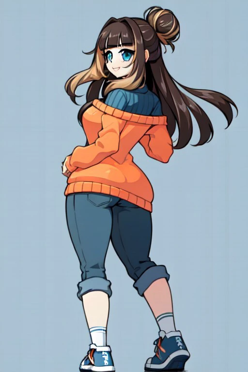 peanutcrushcrush, solo, 1girl, blue eyes, blue shirt, orange shoulder sweater, pants, brown hair, multicolored hair, long hair, single hair bun, thick thighs, simple background, blank background, looking back at viewer, full body, ass, HD, 4K