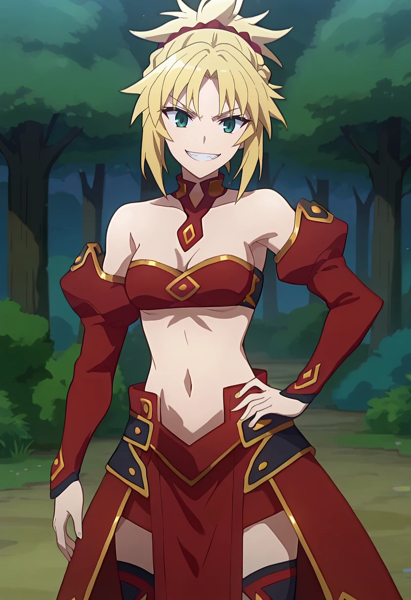 score_9, score_8_up, anime screencap, anime coloring, 
<lora:FateApocrypha_MordredXL:0.8>, MordredFA,
1girl, smile, grin, teeth,
blonde hair, ponytail, parted bangs, red scrunchie, green eyes, french braid,
MordredDress, red dress, bandeau, navel, red skirt, detached sleeves, red collar, gold trim, black thighhighs,
standing, looking at viewer, hand on own hip, thigh gap,
outdoors, forest, dark, night