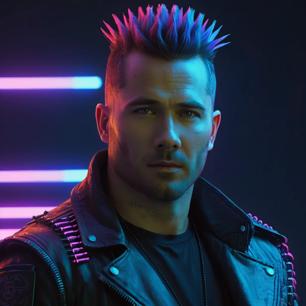 concept art half body photo of l4k3m4c a man, mohawk,portrait,kodachrome, neon,cyberpunk, looking at camera,  <lora:lukemacfarlane:1> . digital artwork, illustrative, painterly, matte painting, highly detailed