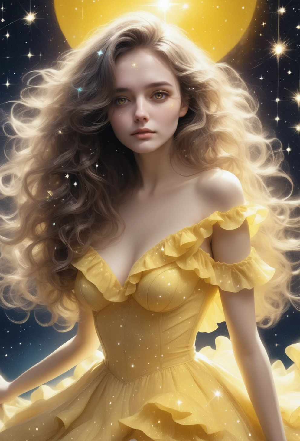 frontview, close up, 1woman is starleij in a ruffled dress surrounded by stardust, wavy hair, detail colour is yellow <lora:StarleijSDXL-000001:0.65>