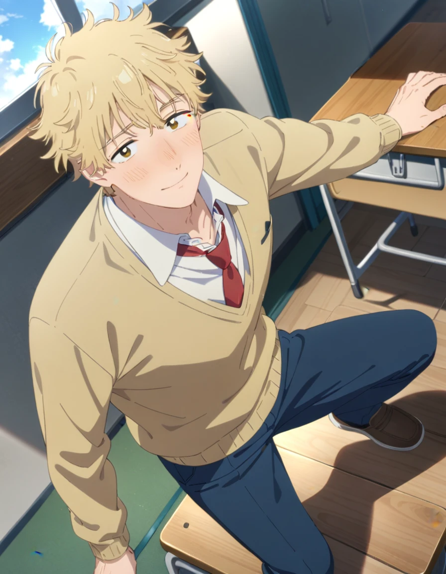 1boy, solo, male focus, full body, shima sousuke, blonde hair, brown eyes, yellow sweater, blue pants, collared shirt, white shirt, red necktie, outdoors, looking at viewer, classroom, school desk, masterpiece, best quality, very aesthetic, absurdres, very detailed, sensitive,