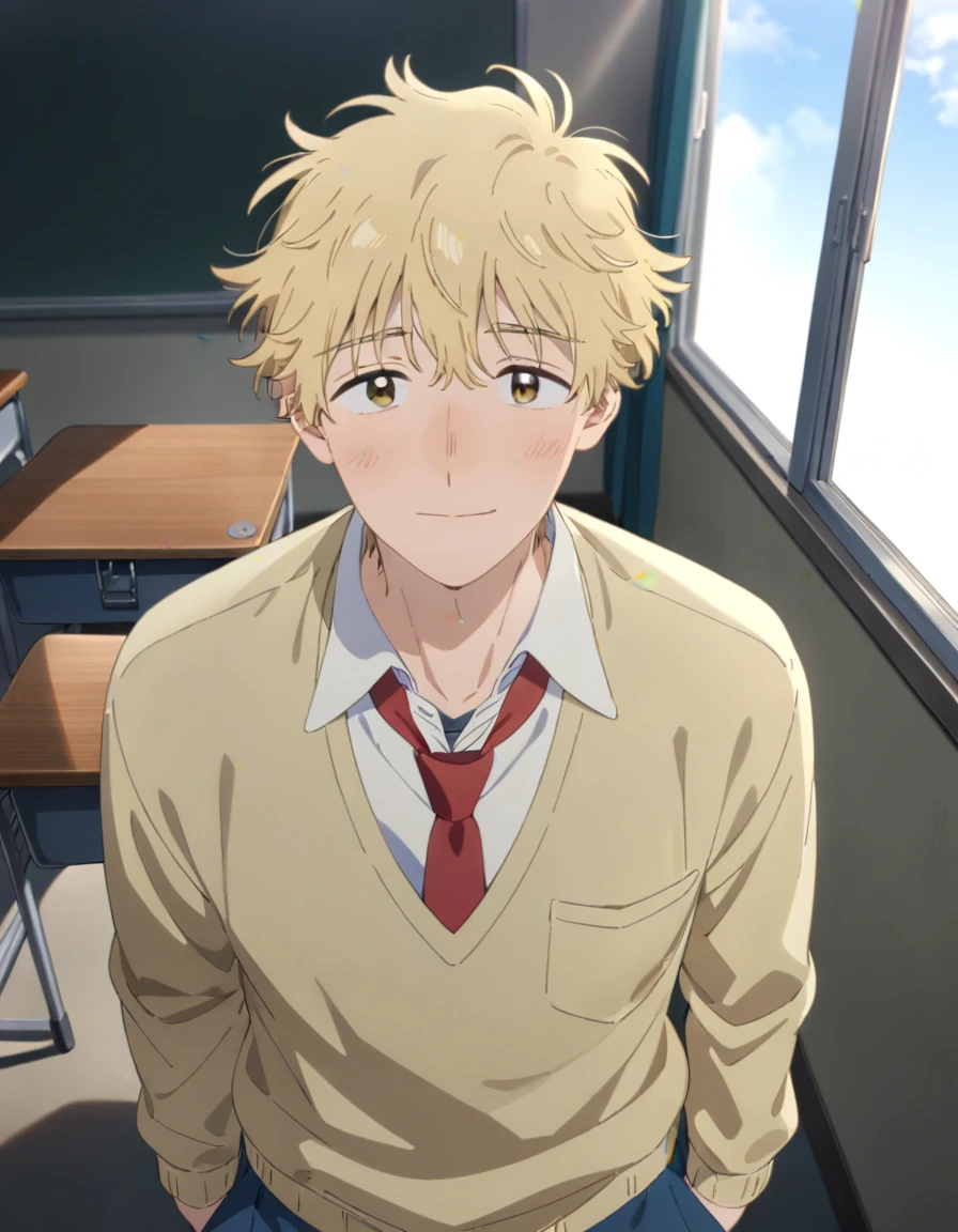 1boy, solo, male focus, full body, shima sousuke, blonde hair, brown eyes, yellow sweater, blue pants, collared shirt, white shirt, red necktie, outdoors, looking at viewer, facing viewer, straight-on, classroom, school desk, masterpiece, best quality, very aesthetic, absurdres, very detailed, sensitive,