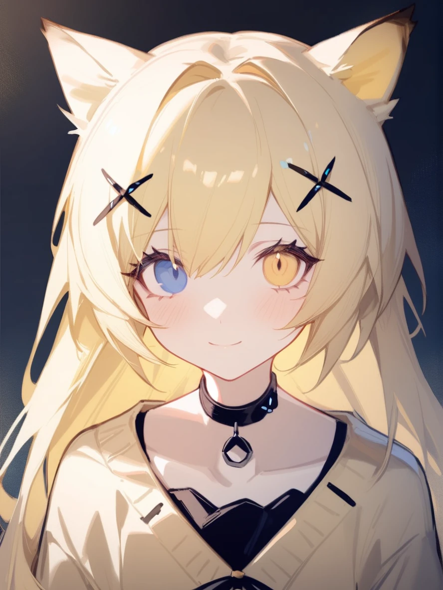 1girl,
nightmare \(arknights\), arknights,
solo, portrait, collarbone, looking at viewer, smile, cat ears, blush, yellow cardigan, choker, cardigan, black choker, closed mouth, hairclip, blue eyes, heterochromia, blonde hair, animal ears, long hair, yellow eyes,
safe