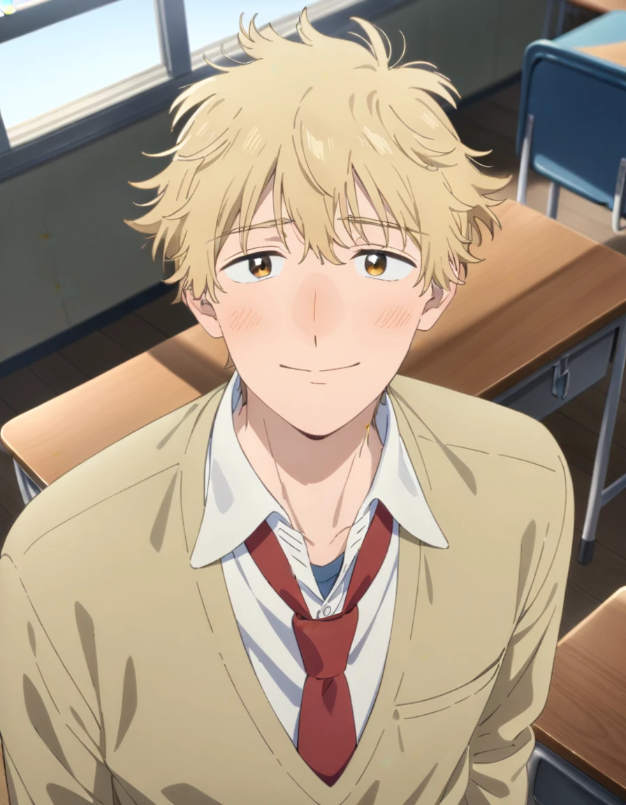 1boy, solo, male only, male focus, portrait, shima sousuke, blonde hair, brown eyes, yellow sweater, blue pants, collared shirt, white shirt, red necktie, outdoors, looking at viewer, facing viewer, classroom, school desk, masterpiece, best quality, very aesthetic, absurdres, very detailed, sensitive,