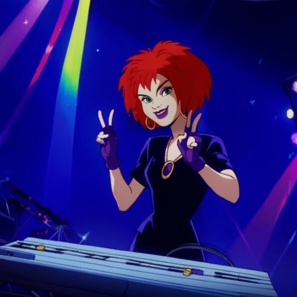 score_9,score_8_up,score_7_up,perfect anatomy,source_anime,
1girl,solo,cowboy shot,<lora:wer (10):1>,luna(character),keyboard \(instrument\),short hair,red hair,fingerless gloves,makeup,hoop earrings,purple lips,purple dress,looking at viewer,hands up,V,smile,stage,stage lights,