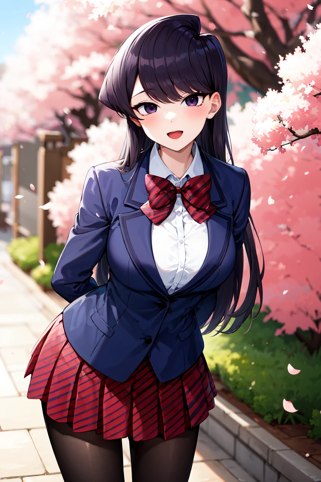 masterpiece, best quality, highres, aashouko, long hair, breasts, school uniform, striped bowtie, red bowtie, blazer, blue jacket, long sleeves, pleated skirt, striped skirt, red skirt, black pantyhose, <lora:komi_shouko_v1:0.7>, arms behind back, leaning forward, standing, outdoors, smile, cherry blossoms, open mouth,