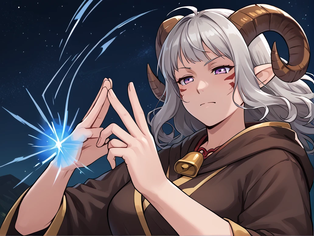 <lora:hand_gesture_æå°ìì¸:1> hand gesture:1.4, ninja, source_furry, score_7_up, rating_safe, cowboy shot, gold necklace, tiefing, short pointed ears, brown horns, (a pair of brown sheep Horns that begin at her temples and curve back: 1.5), bangs, long silver hair long wavy hair, pale skin, <lora:whisker_markings:0.8>red whisker_markings ,short pointy ears, purple eyes, <lora:age_slider_v4:0.6>   medium breasts, skinny female, close up, silver hair, <lora:Tieflingnew weird fantasyDND:0.3> Tiefling, pointed ears, horns, half-closed eyes<lora:Smooth Style 2 SDXL_LoRA_Pony Diffusion V6 XL:0.5> bell, robe, hood off, magic:1.4 ,blue magic on hands, healing, fighting stance,  dark sky, sapce:1.2, stars, , landscape, wind, wind effect, speed lines, fire effect,