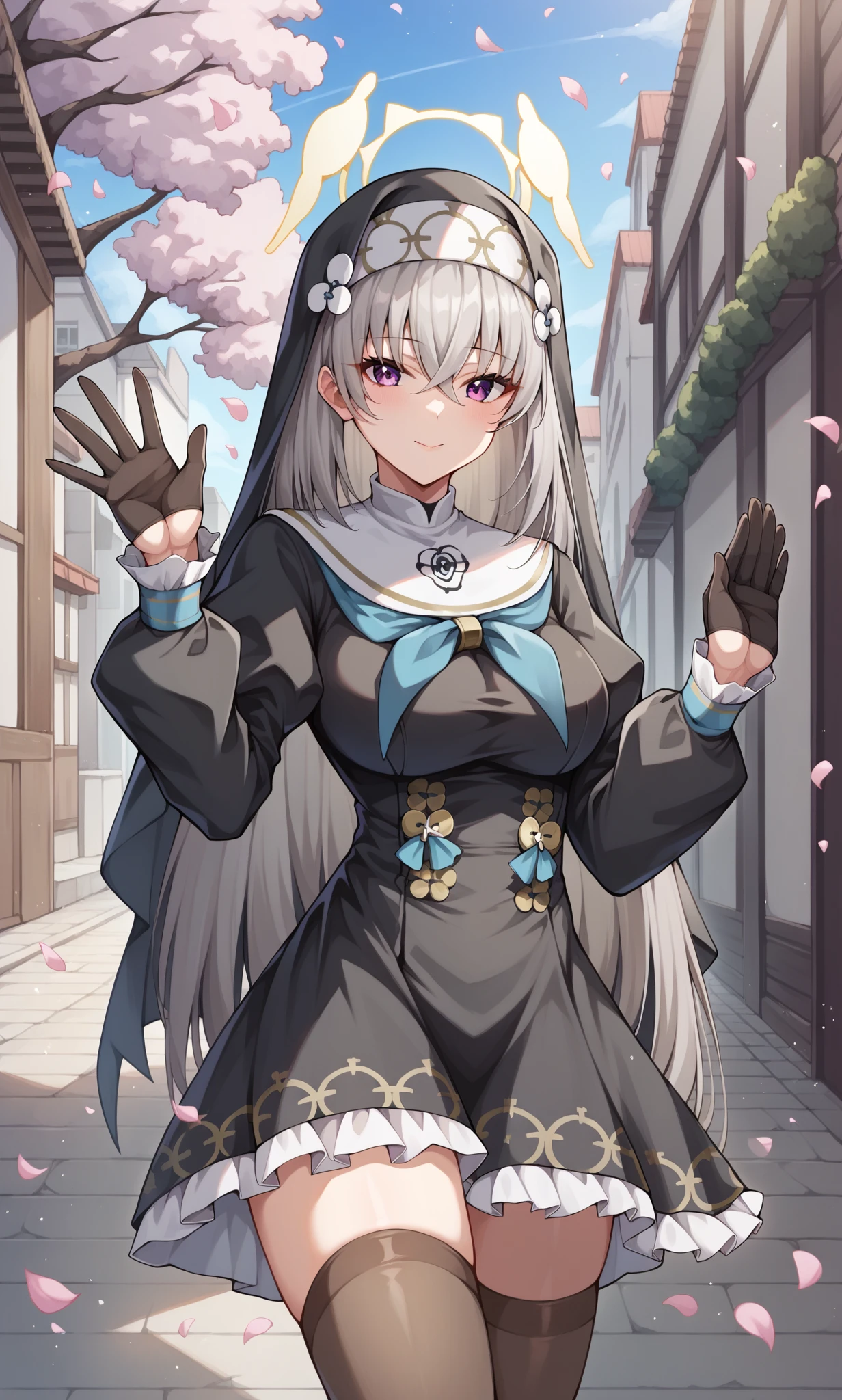 score_9, score_8_up, score_7_up, score_6_up, score_5_up, score_4_up, BREAK source_anime, 1girl, solo, outdoors, street, cherry blossoms, cowboy shot, standing, looking at viewer, :o, closed mouth, sakurako, purple eyes, grey hair, very long hair, bangs, halo, nun hat, nun dress, black dress, long sleeves, puffy sleeves, blue neckerchief, frilled dress, black gloves, black thighhighs, waving