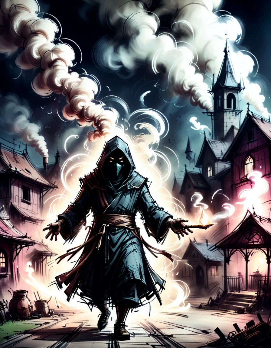 doodle, scribble, subversive vintage plague monk in a romantic scenery at evening, smoke