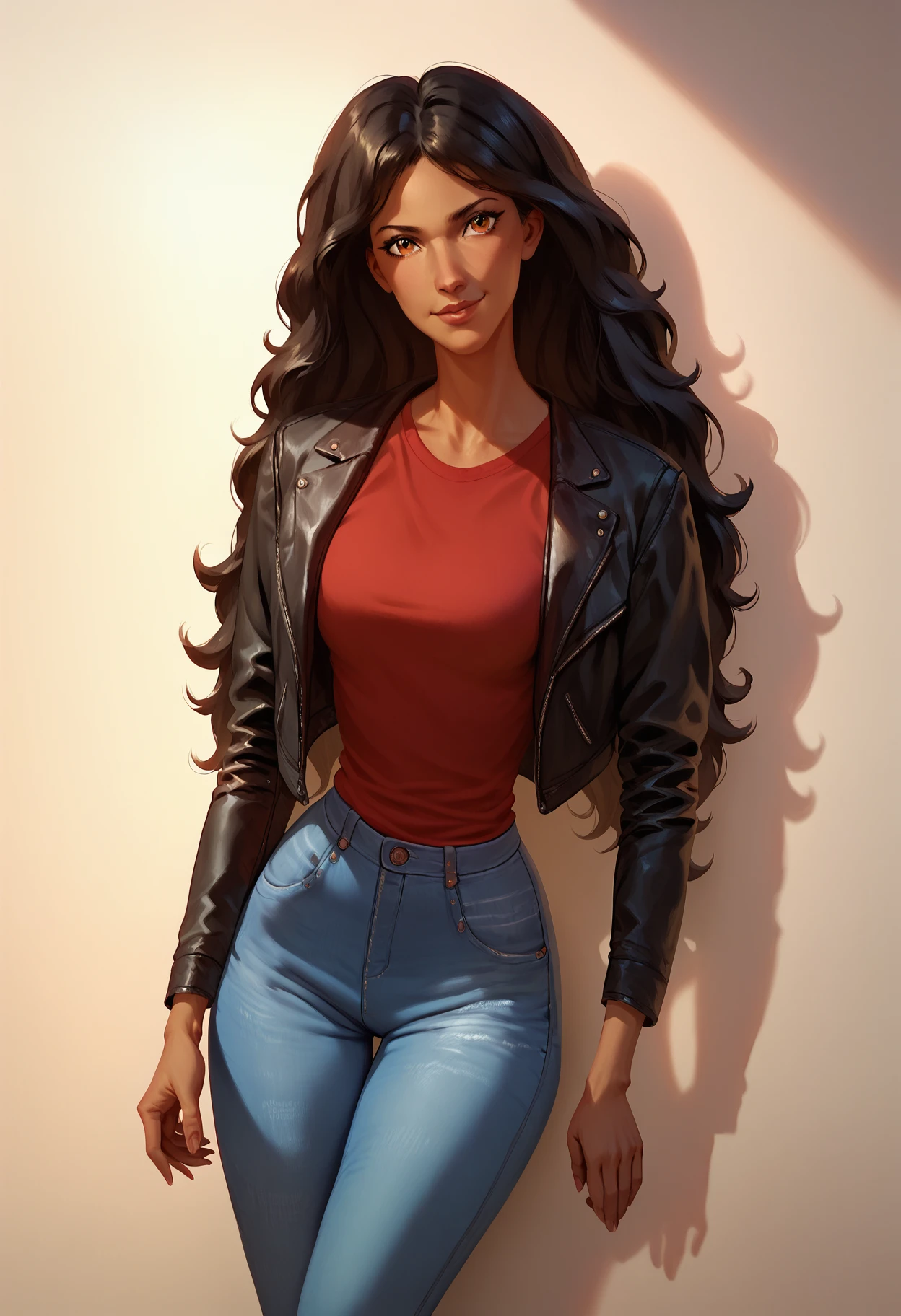 score_9, score_8_up, score_7_up, score_6_up, score_5_up, score_4_up, Melpomene, 1girl, brown eyes, black hair, leather jacket, red t-shirt, jeans