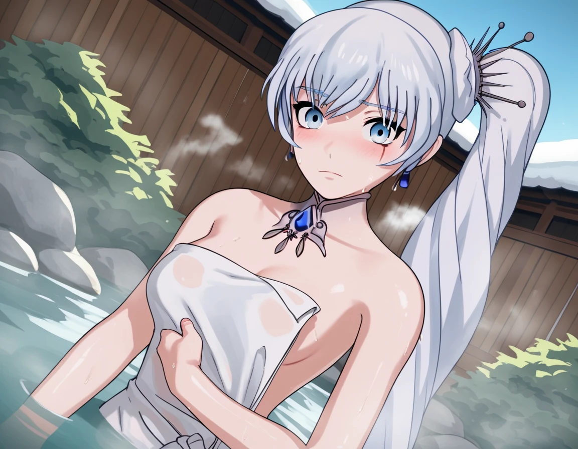 1girl, white hair, purple eyes, portrait, realistic, towel, (onsen), sidelighting, wallpaper, nsfw,