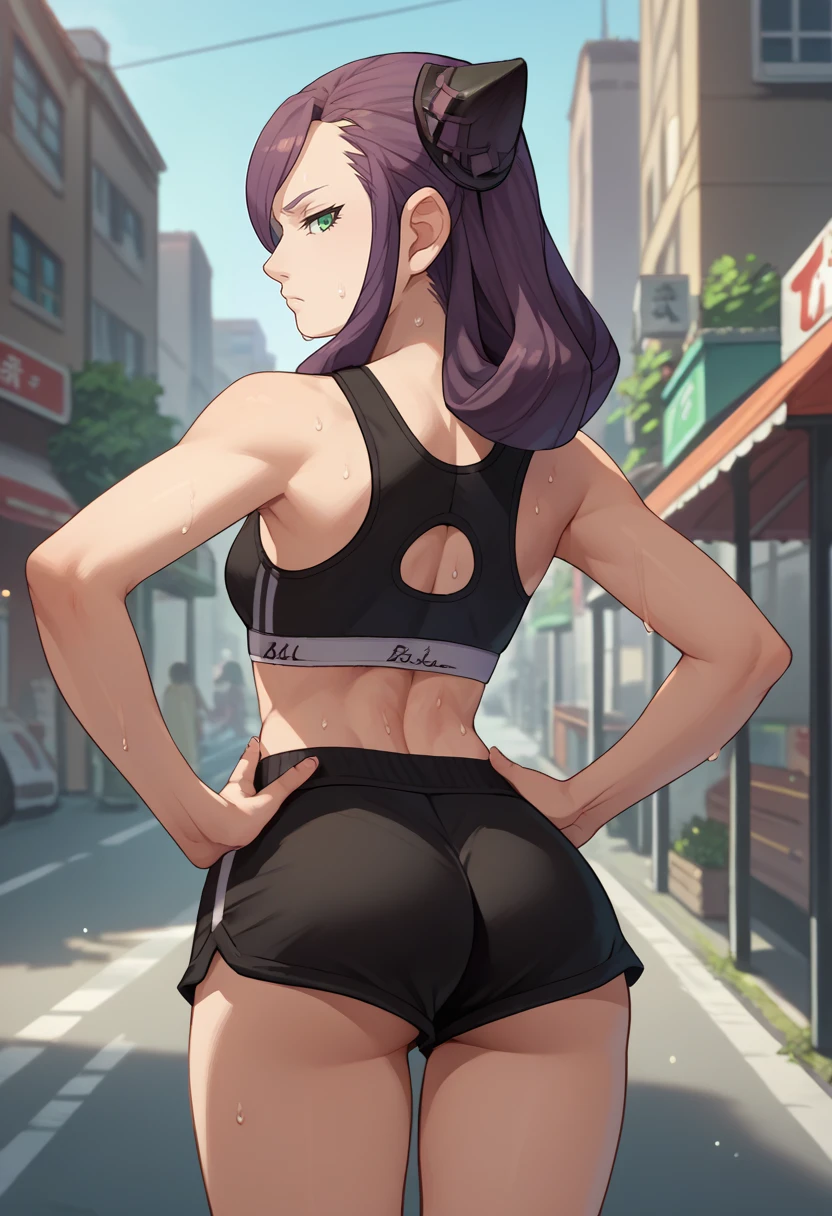 score_9, score_8_up, score_7_up, source_anime, from behind, solo, 1girl, eve belduke, sweat, expressionless, looking back, hands on own hips, purple hair, hairpods, green eyes, black sports bra, black shorts, short shorts, ass, outdoors, city street <lora:laytonVSpw_darklaw_ponyXL:1>