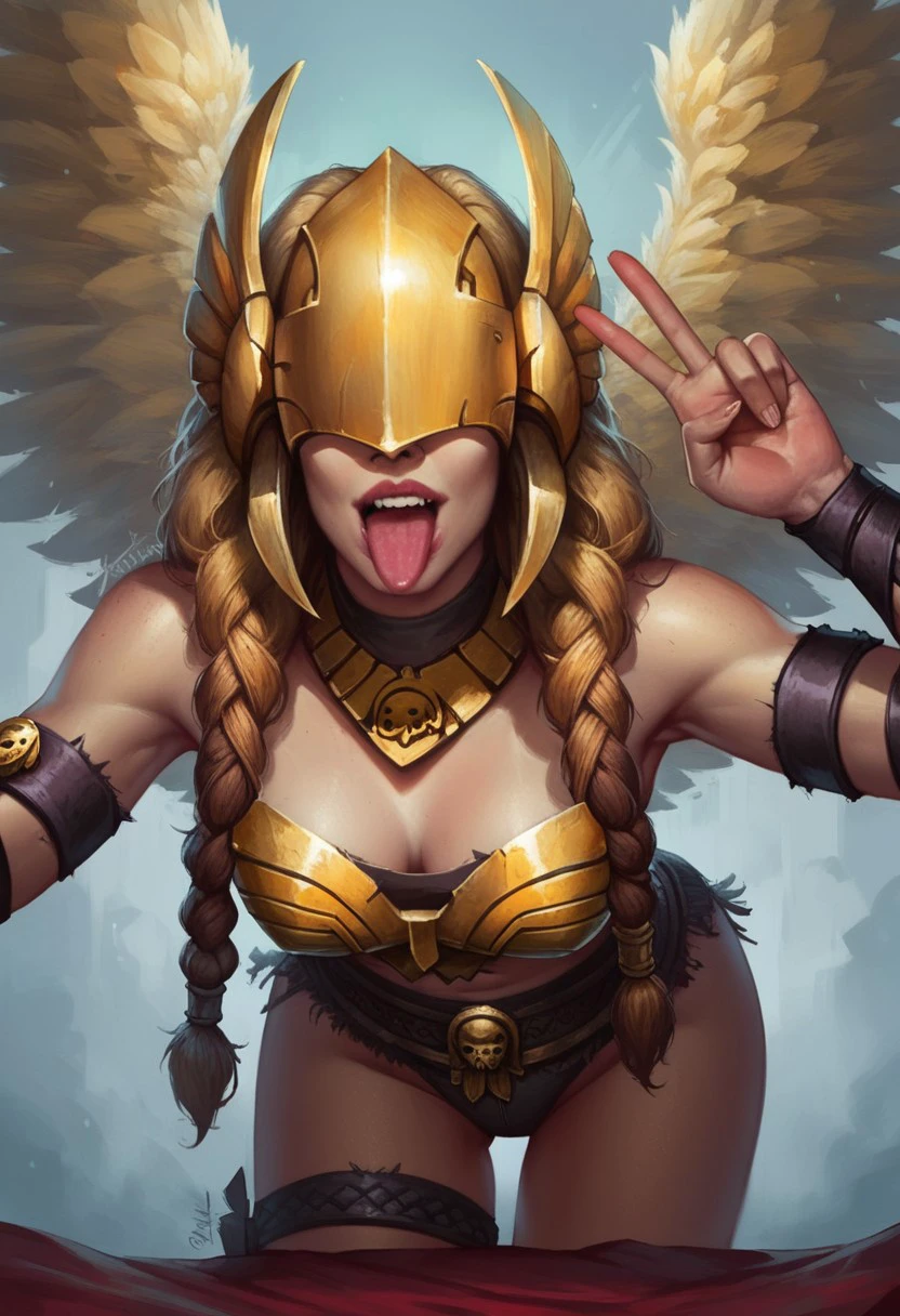 score_9, score_8_up, anatomically correct, masterpiece, detailed, detailed lighting, ultra quality, source_cartoon, 1girl, ValkyrXL, light_theme, yellow skin, blonde clothed, hair, winged helmet, armored mask, braids, breastplate, tongue out, leaning forward, 5 fingers, peace sign, arm straps, skull ornaments