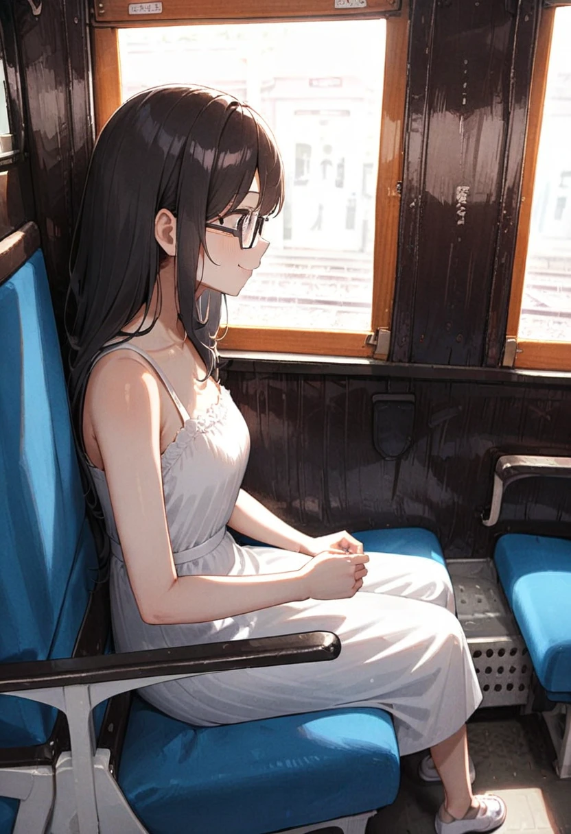 masterpiece, best quality, very aesthetic, absurdres,
1girl, solo, glasses, black hair, long hair, sundress, white dress, straw hat, bag, sitting, smile, looking at another, solo focus, from side,
oha35w, train interior, scenery, chair, sunlight, window, day, indoors,
<lora:oha35w_SDXL_V2:0.8>