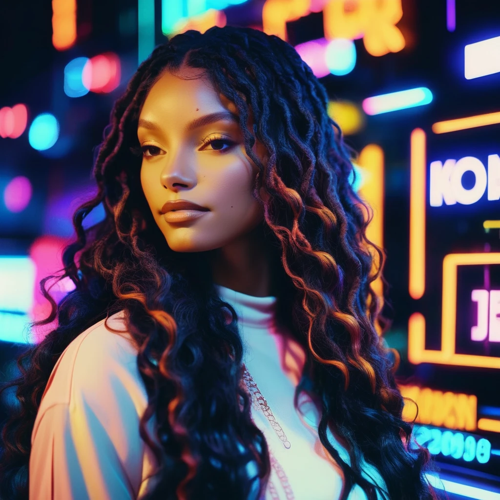 Photo of a woman with long wavy hair,portrait,kodachrome, neon,cyberpunk,  halxbailey,   <lora:halbailey_juggerX_xl_1_st_woc_merger_50_127_03_07-halxbailey:1>