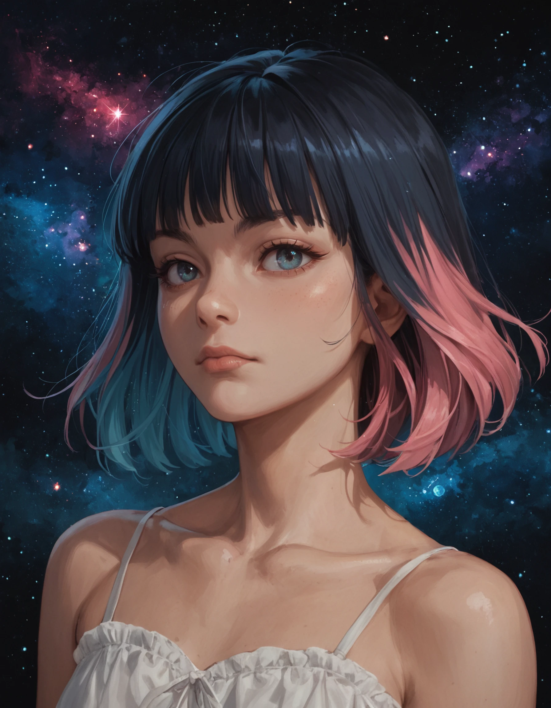 score_9, score_8_up, score_7_up, score_6_up, score_5_up, 1girl, portrait, multicolored hair, fringe, bare shoulders, upper body, cosmic, collarbone,