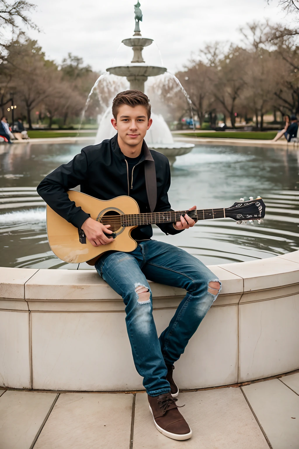 city park, sitting on the wall of water fountain, NathanStyles, slight smile, wearing ripped jeans, polo shirt, black jacket, ((playing a guitar)), ((full body portrait)), wide angle <lora:NathanStyles:0.8>