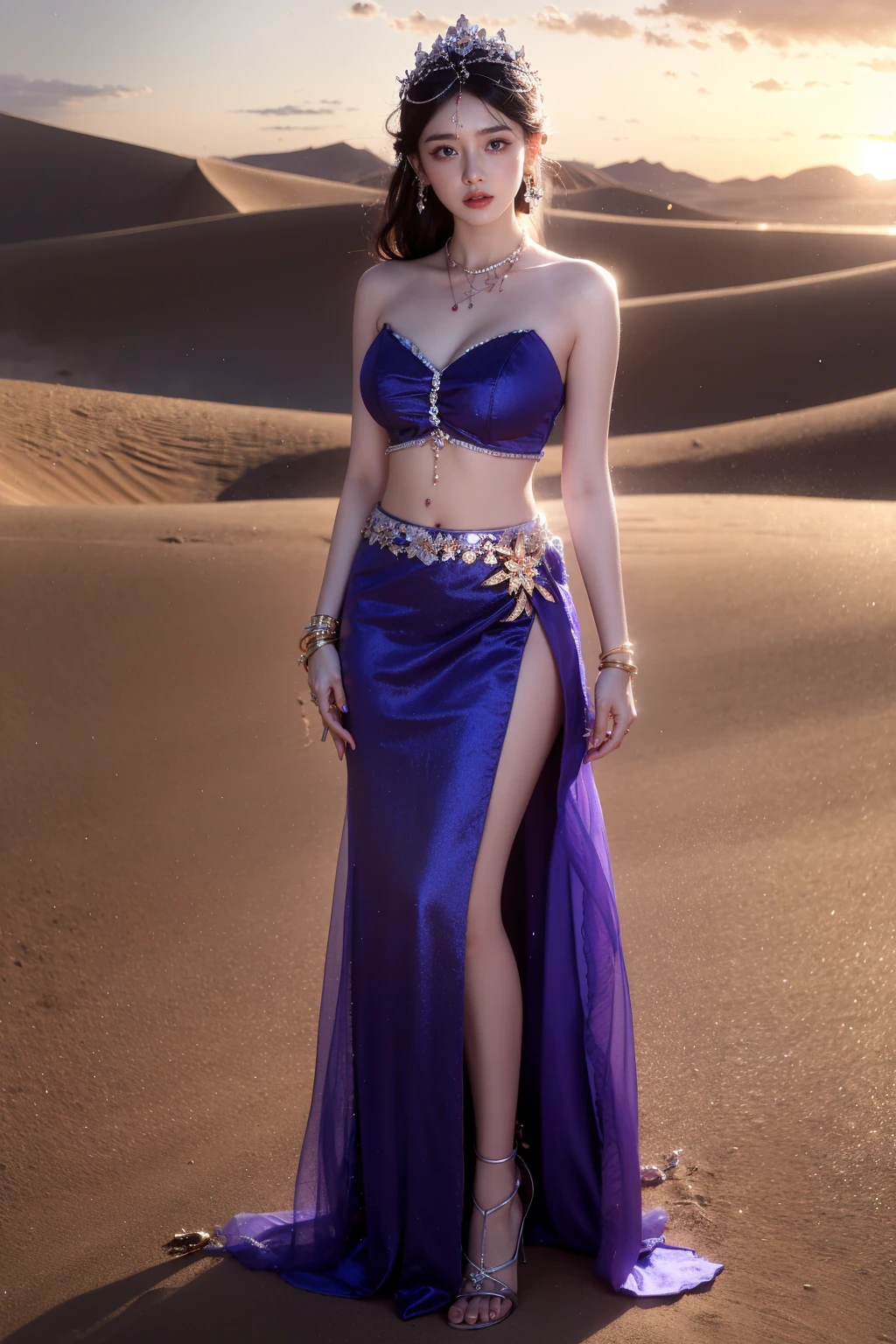 photorealistic,realistic,photography,masterpiece,best quality,ultra-detailed,extremely detailed CG unity 8k wallpaper,(reality: 1.4),1girl,solo, full body,standing,skirt,black hair,hair ornament,jewelry,earrings,necklace,bracelet,ring,long skirt,sand,desert,purple princess, Western Regions, <lora:JAY - PRINCESS WESTEM REGIONS:1>